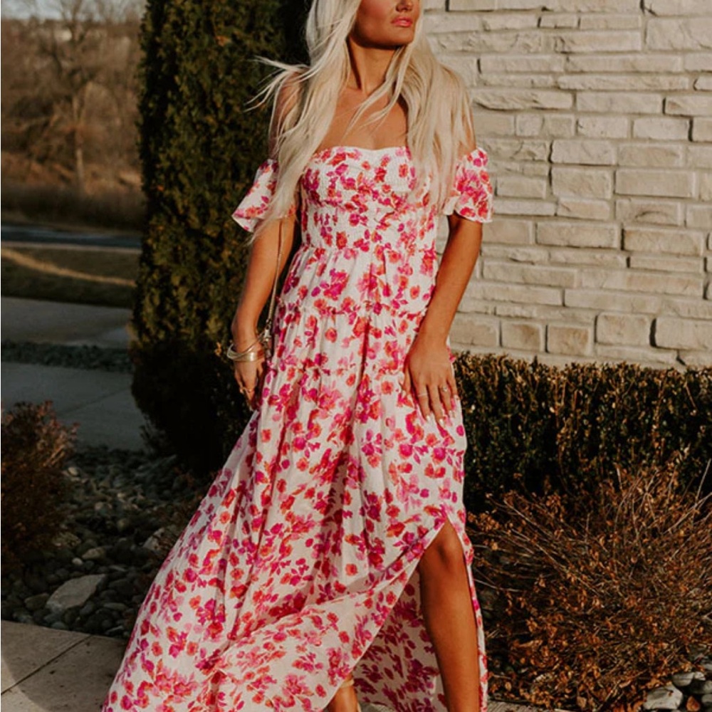 Floral Pink and White Off The Shoulder Maxi